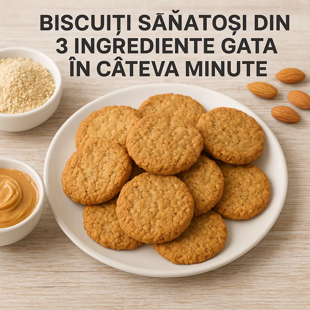 Trei biscuiți sănătoși din unt de arahide și fulgi de ovăz pe farfurie albă.