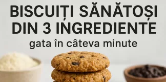Trei biscuiți sănătoși, aurii, pe o farfurie albă, pregătiți rapid din doar trei ingrediente simple.
