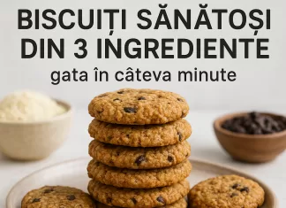Biscuiți sănătoși din 3 ingrediente gata în câteva minute Trei biscuiți sănătoși, aurii, pe o farfurie albă, pregătiți rapid din doar trei ingrediente simple.