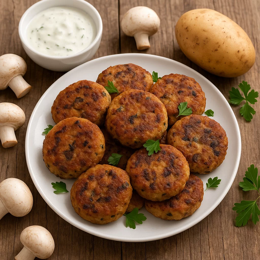 Plate of homemade vegan potato and mushroom patties with creamy herb dip.