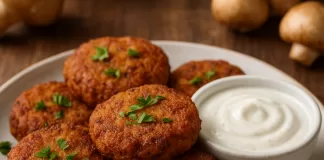 Plate of crispy chiftele de post made from potatoes and mushrooms, garnished with parsley and served with creamy dipping sauc