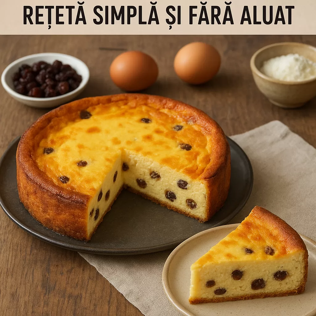 Pasca cremoasă cu stafide, fără aluat, servită pe farfurie, cu textură fină și stafide vizibile.