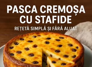 Pasca Cremosa cu Stafide – Rețetă Simplă și Fără Aluat Creamy raisin pasca cake slice on a white plate, showing a smooth, no-dough texture.