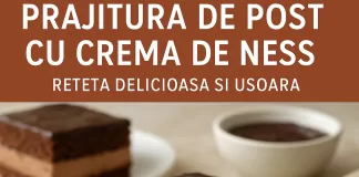 Prajitura de post cu crema de Ness, o prajitura delicioasa si usoara, servita pe farfurie alba.