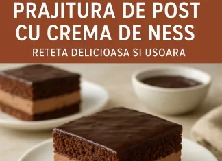 Prajitura de Post cu Crema de Ness – Reteta Delicioasa si Usoara Prajitura de post cu crema de Ness, o prajitura delicioasa si usoara, servita pe farfurie alba.