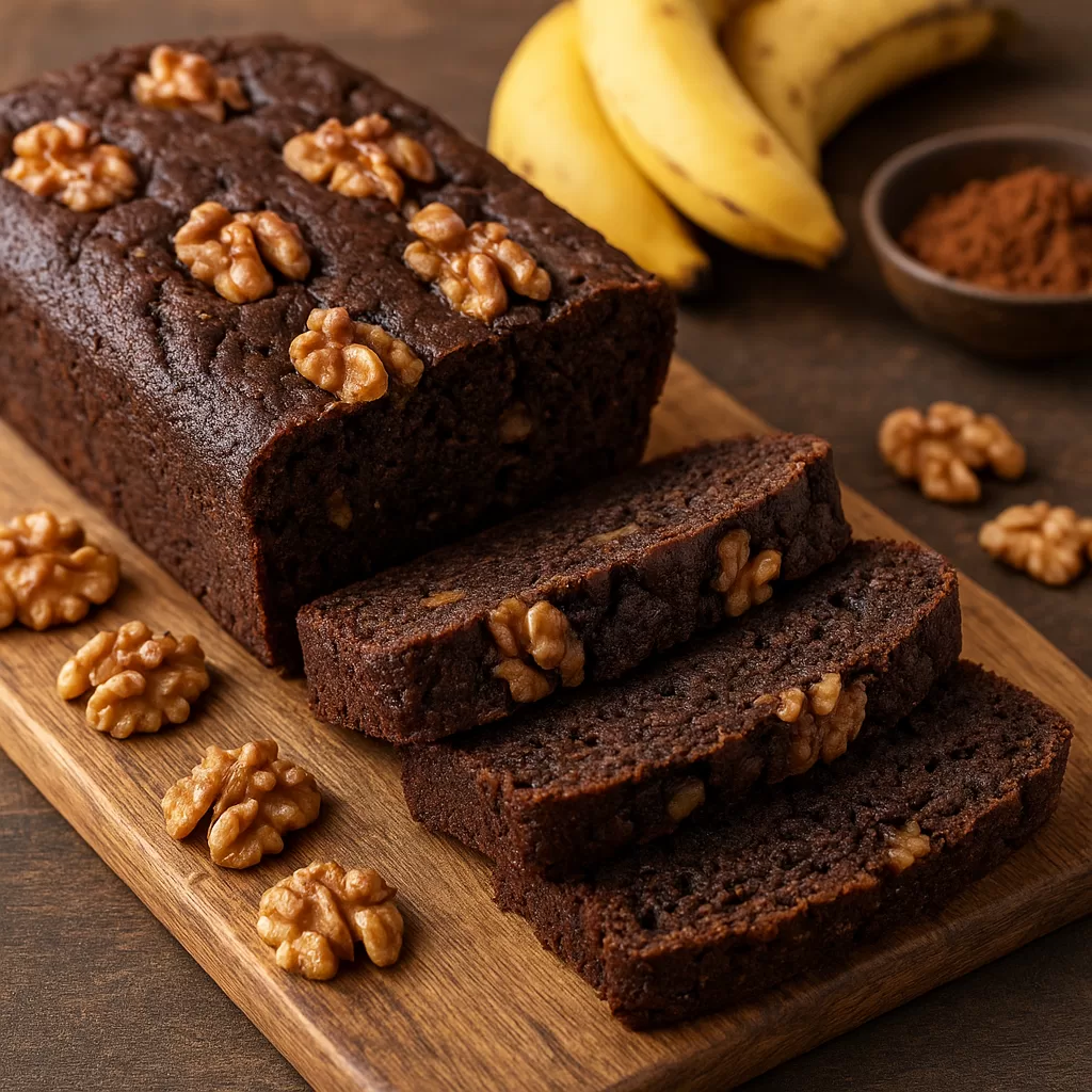 Chec de post cu banane, cacao și nuci, felii de chec de post pe o planșetă de lemn.