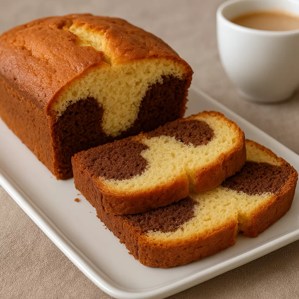 Slices of moist homemade marble cake in two colors on a white plate with a cup of coffee.
