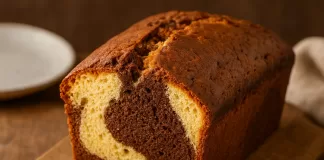 Sliced moist homemade marble chocolate and vanilla pound cake on a wooden cutting board.