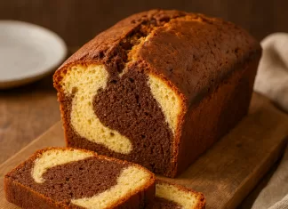 Rețetă de Post: Chec Pufos în Două Culori Simplu și Rapid Sliced moist homemade marble chocolate and vanilla pound cake on a wooden cutting board.