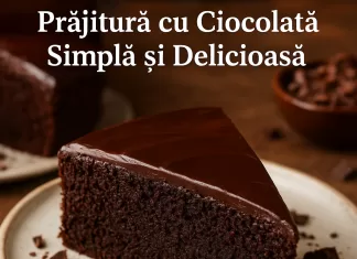 Rețetă de Post: Prajitură cu Ciocolată Simplă și Delicioasă Felie de prăjitură cu ciocolată simplă, decorată cu fulgi de ciocolată, pe o farfurie albă.
