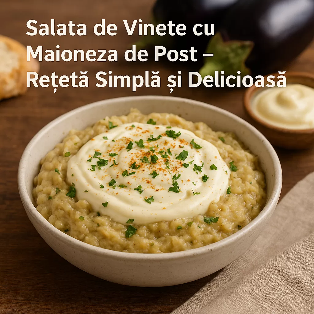 Traditional Romanian eggplant salad with vegan mayonnaise served in a bowl, garnished with parsley.