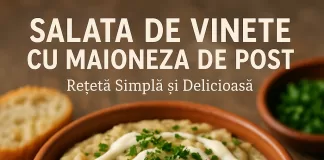 Traditional Romanian eggplant salad with vegan mayonnaise, garnished with fresh herbs in a white bowl.