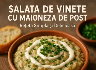 Salata de Vinete cu Maioneza de Post – Rețetă Simplă și Delicioasă Traditional Romanian eggplant salad with vegan mayonnaise, garnished with fresh herbs in a white bowl.