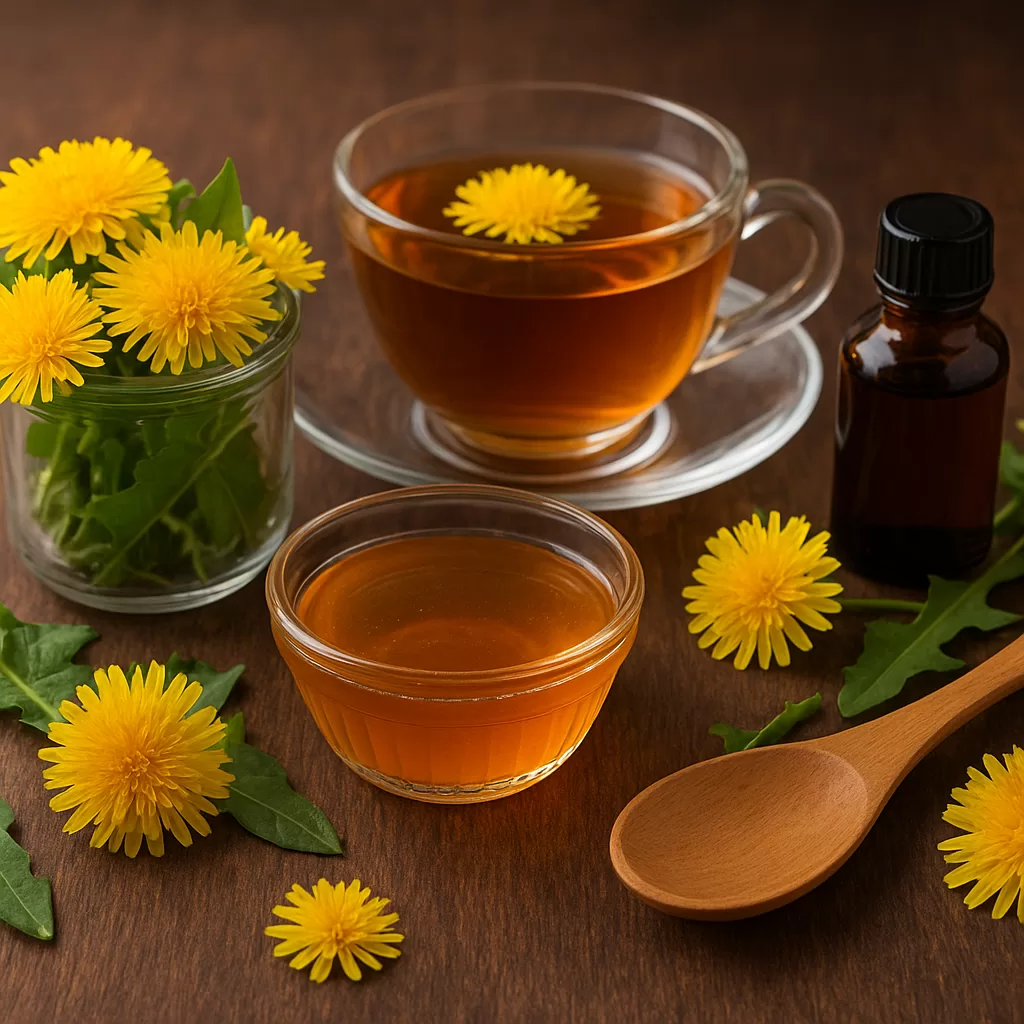 Dandelion tea with fresh dandelion flowers, honey jar, and herbal extract bottle on a wooden table.