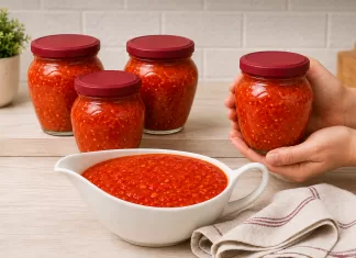 Sos picant de rosii si ardei pentru iarna. Se prepara simplu si merge aproape la orice mancare
