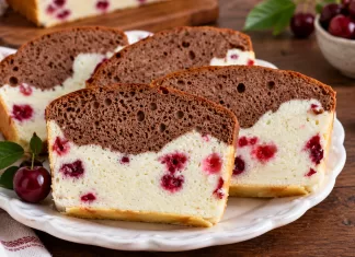 Chec pufos in doua culori, cu visine, un desert simplu care iese fraged si aromat