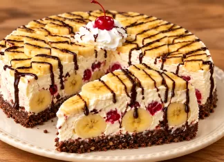 Tort fără coacere cu banane, vișine și cremă fină de mascarpone