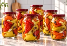Ardei copți cu usturoi, în marinadă dulce-acrișoară. Rețeta simplă la borcan