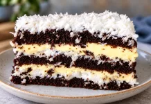 Prăjitură cu cocos și foi de cacao, desertul cu două creme pe care îl vei trece în caietul de rețete
