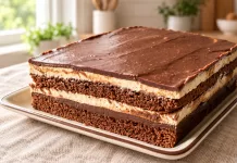 Prăjitură cu blat de cacao, cremă de vanilie și ciocolată. Desertul în straturi care îți face poftă de la prima felie