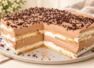 Prăjitură fără coacere cu biscuiți și două creme, desertul pe care îl pregătesc cu o seară înainte