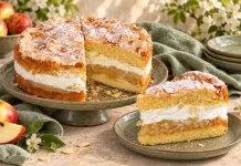 Tort cu mere, frișcă și bezea cu migdale. Un desert cu straturi delicate și gust dulce-acrișor